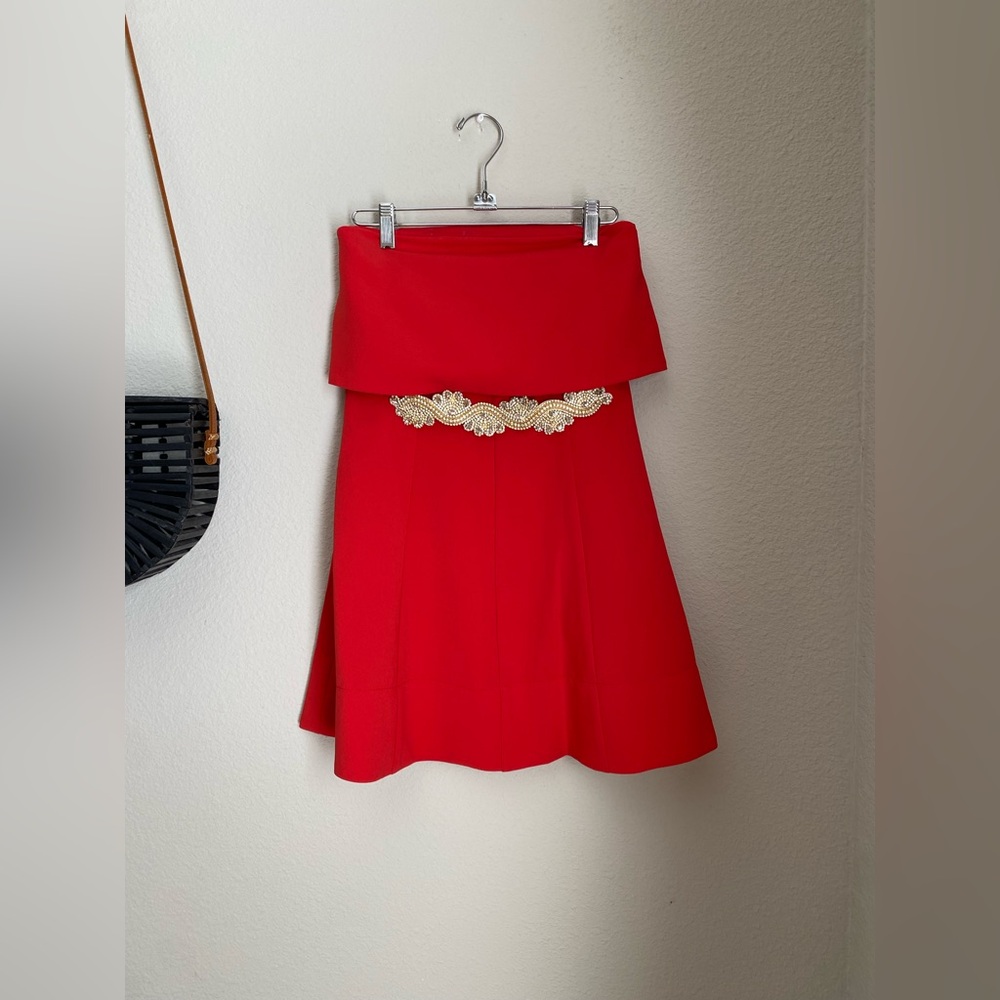 Dee Dee Red Beaded Strapless Mini Dress, Size Small